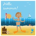 Illustration with girl on the beach with diving goggles and flippers.