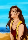 Illustration of a girl on the beach with sensual lips