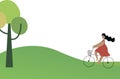 Illustration of a girl on a bicycle on a green field