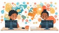 An illustration of a girl and boy online learning languages, studying languages on the computer via the Internet Royalty Free Stock Photo