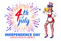 Illustration of a girl celebrating Independence Day Vector Poster. 4th of July Lettering. American Red on Blue Background with Sta Royalty Free Stock Photo