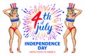 Illustration of a girl celebrating Independence Day Vector Poster. 4th of July Lettering. American Red on Blue Background with Sta Royalty Free Stock Photo