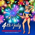 Illustration of a girl celebrating Independence Day Vector Poster. 4th of July Lettering. American Red on Blue Background with Sta Royalty Free Stock Photo