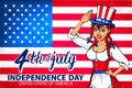 Illustration of a girl celebrating Independence Day Vector Poster. 4th of July Lettering. American Red Flag on Blue Background wit Royalty Free Stock Photo