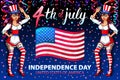Illustration of a girl celebrating Independence Day Vector Poster. 4th of July Lettering. American Red Flag on Blue Background wit Royalty Free Stock Photo
