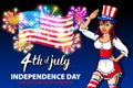 Illustration of a girl celebrating Independence Day Vector Poster. 4th of July Lettering. American Red Flag on Blue Background wit Royalty Free Stock Photo