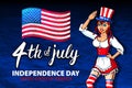 Illustration of a girl celebrating Independence Day Vector Poster. 4th of July Lettering. American Red Flag on Blue Background wit Royalty Free Stock Photo