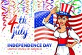 Illustration of a girl celebrating Independence Day Vector Poster. 4th of July Lettering. American Red Flag on Blue Background wit Royalty Free Stock Photo