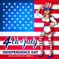 Illustration of a girl celebrating Independence Day Vector Poster. 4th of July Lettering. American Red Flag on Blue Background wit Royalty Free Stock Photo