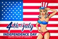 Illustration of a girl celebrating Independence Day Vector Poster. 4th of July Lettering. American Red Flag on Blue Background wit Royalty Free Stock Photo