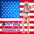 Illustration of a girl celebrating Independence Day Vector Poster. 4th of July Lettering. American Red Flag on Blue Background wit Royalty Free Stock Photo