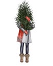 Illustration of a girl with a Christmas tree in her hands. Royalty Free Stock Photo