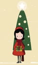 illustration with girl, Christmas tree Royalty Free Stock Photo