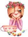 Illustration of girl, coffee cup and beads