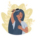 Illustration of a girl combing her long hair. Simple cute style. Demonstrates personal care, hair care, daily hygiene