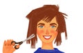 Illustration of a girl doing her own haircuts. Funny bad haircut, bad try