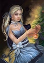 Illustration of a girl in a dress decorating a Christmas tree Royalty Free Stock Photo