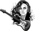 monochromatic illustration of Girl with electric guitar Royalty Free Stock Photo