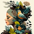 illustration of girl with flower on her head and colorful birds vector isolated