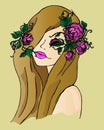 Illustration of a girl with flowers in her hair, hand drawing. Royalty Free Stock Photo