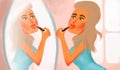 Illustration girl in front of the mirror paints her lips with red lipstick, preens, applies makeup Royalty Free Stock Photo