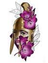 Illustration of a girl warrior Gladiator in a helmet and with flowers
