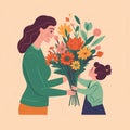 Illustration of girl handing flowers to her mother