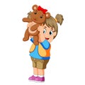 A girl happy play with thw brown teddy bear