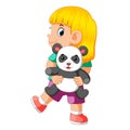 A girl happy playing with the panda doll