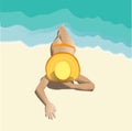 Vector Illustration of girl with hat on the beach at sea, body, lady with bikini Royalty Free Stock Photo