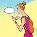 Illustration of a girl Holding a Mobile Phone. Royalty Free Stock Photo