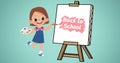Illustration of girl holding palette painting back to school text on canvas against blue background