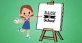 Illustration of girl holding palette painting back to school text on canvas against green background