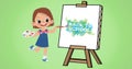 Illustration of girl holding palette painting back to school text on canvas over green background