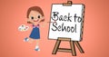 Illustration of girl holding palette painting back to school text on canvas over peach background