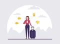 Illustration of a girl holding a smartphone in one hand and dragging a piece of luggage with the other