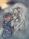 Illustration of a girl and a lion