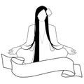 Illustration of girl with long hair and flower in her hair, doing yoga in lotus position and text banner, isolated on white Royalty Free Stock Photo