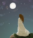 Illustration of a girl in a long light dress against the background of the starry night sky and the full moon. Ghost, princess, Royalty Free Stock Photo