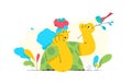 Illustration of a girl with a nest of chicks on her head. Vector. A woman listens to birdsong. Metaphor, taking care of children.