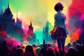 Girl overlooking a Beautiful Fantasy Anime City Skyline