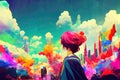 Girl overlooking a Beautiful Fantasy Anime City Skyline