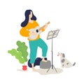 Illustration of a girl playing an acoustic guitar. Vector. Flat cartoon style. Music lessons. The dog listens to the game of the