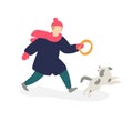 Illustration of a girl playing with a dog. Vector. Girl teenager in coat runs along with a gray dog. Two friends. Flat cartoon