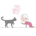 Illustration with girl playing with kitten. text play with me