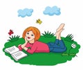 Illustration of a girl reading a book on grass