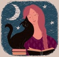 Illustration of a girl reading a book. A red cat purrs nearby