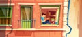 Illustration Of Girl Reading The Book On The Window Of Multistorey Apartment, Building Outside Concept, Cityscape