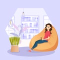 Illustration Girl Resting in Chair with Cup Coffee