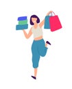 Illustration of a girl with shopping. Vector. Positive flat illustration in cartoon style. Discounts and sales. Shopaholic